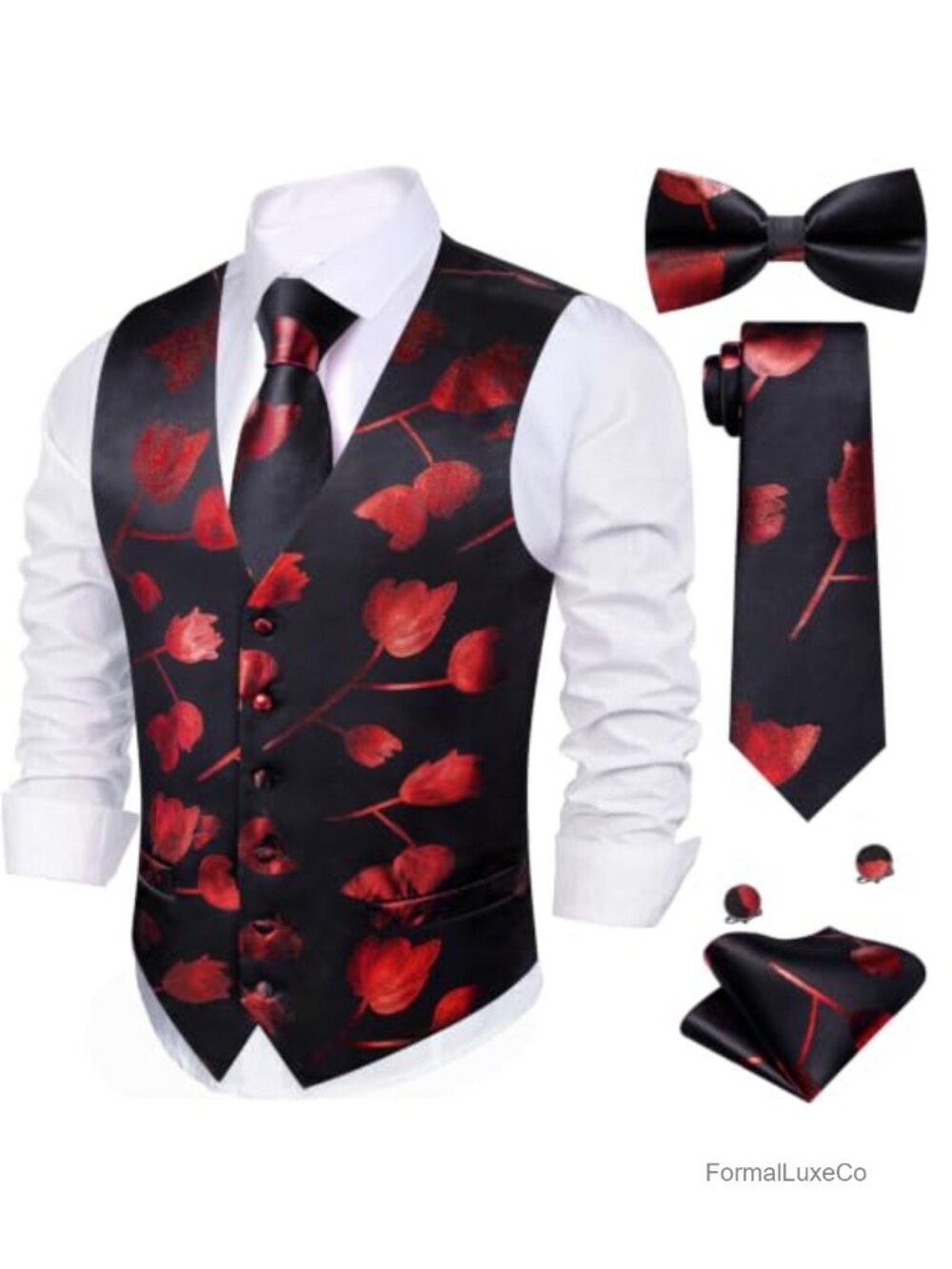 Men's 5-Piece Shiny Silk Metallic Floral Vest Set with Tie Bow Tie Pocket